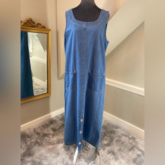 Vintage Medium Denim Maxi Jumper Dress Button Kick Pleat - Picture 1 of 12